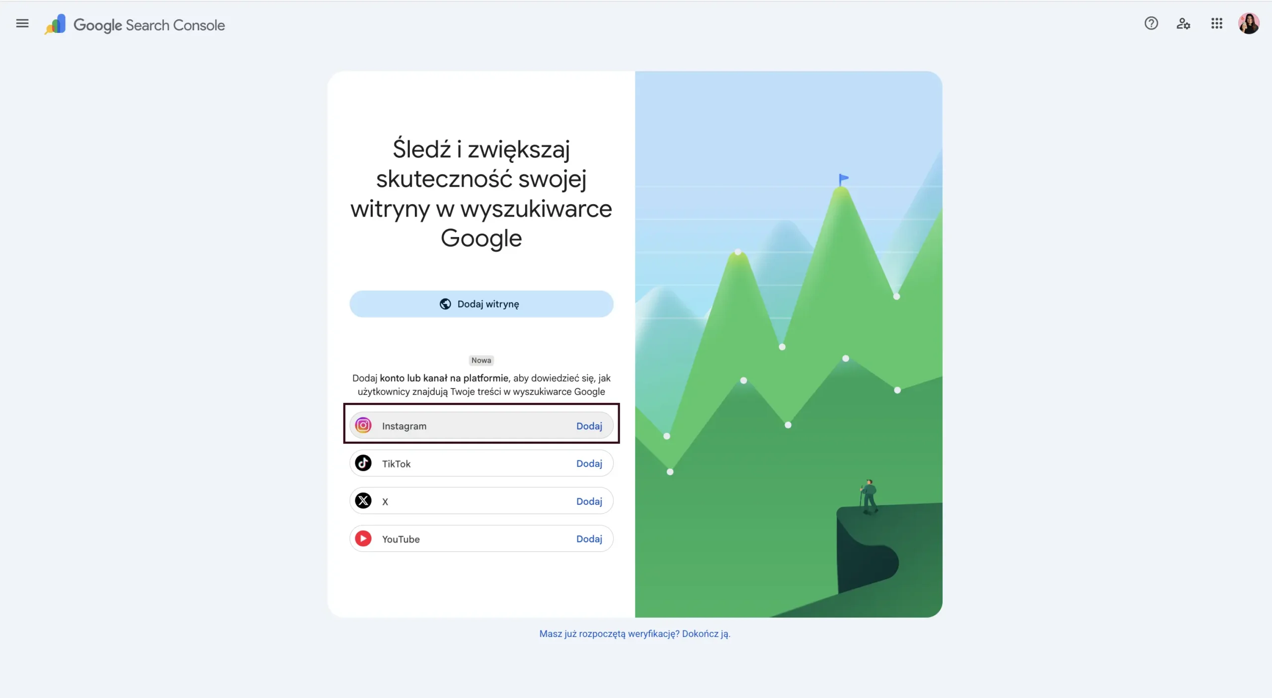 Wybieranie medium społecznościowego w Google Search Console
